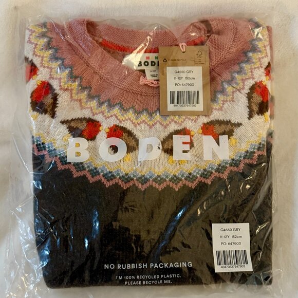 Boden Swing Fair Isle Sweater "Charcoal Grey Robins" size 11-12 NWT - Picture 6 of 6